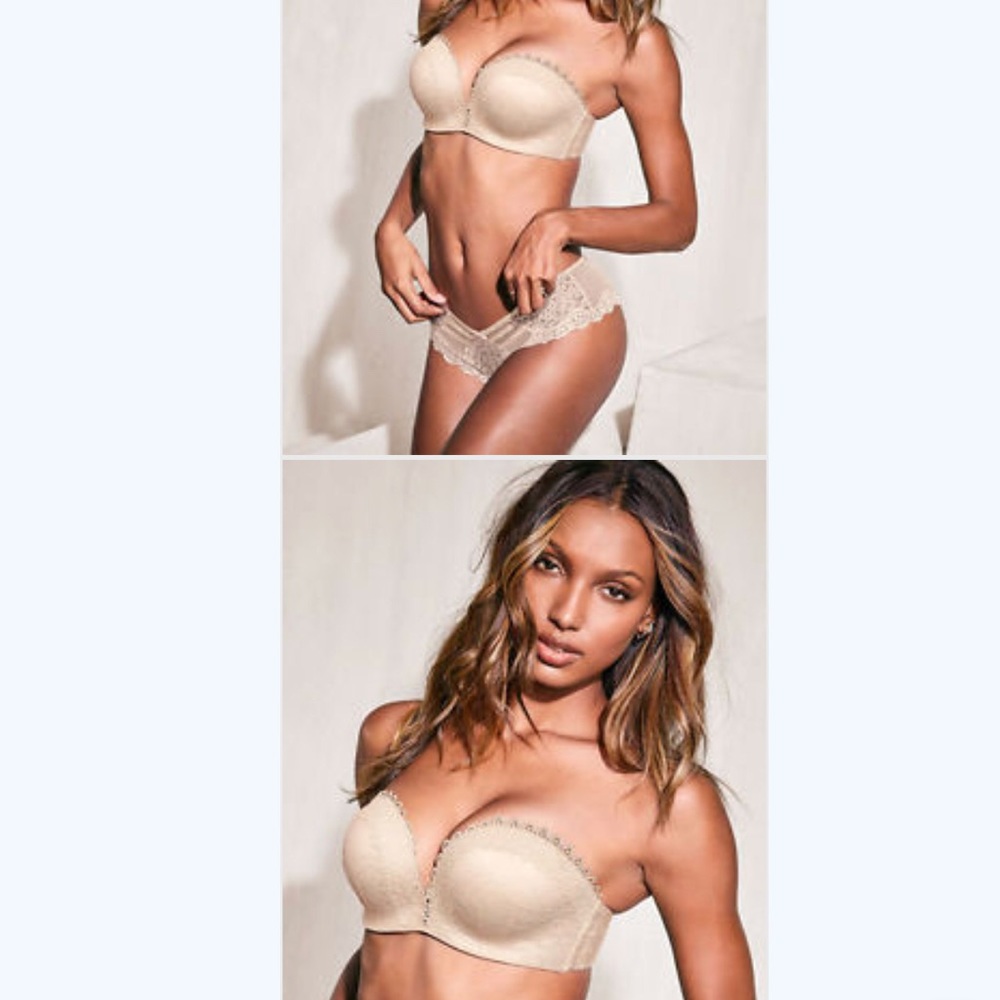 VICTORIAS SECRET STRAPLESS BRA LACE NUDE 32D